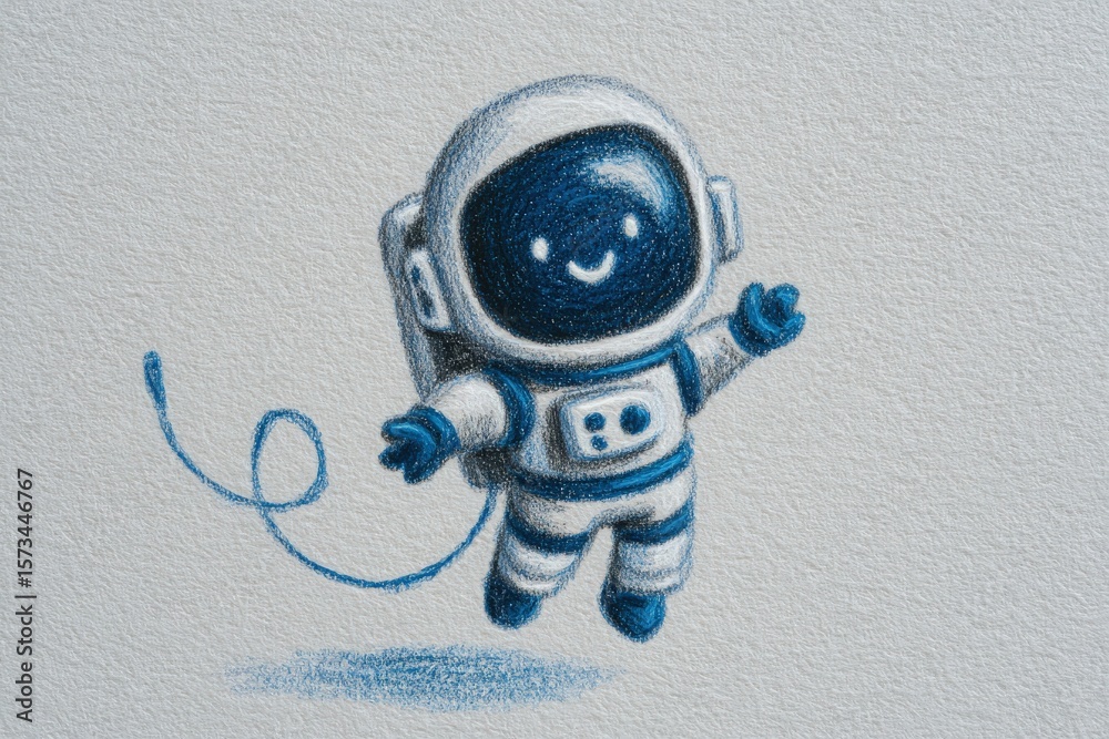A charming blue and white astronaut character appears to float in space, smiling joyfully. The character has a round face and is surrounded by a bright blue line, enhancing its playful demeanor.