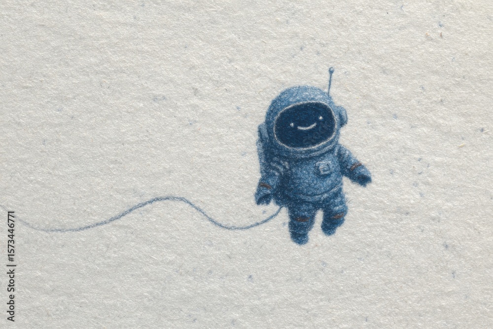 An adorable astronaut drifts in the serene expanse of space. The character radiates joy with a wide smile, highlighting the charm of exploration. A thin line connects it to an unseen object.