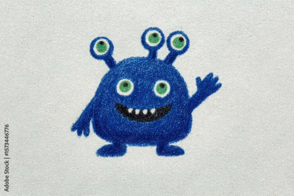A blue cartoon monster with four eyes and a wide grin waves happily in a playful art style. The character has a round body, small limbs, and a friendly demeanor, appealing to children.