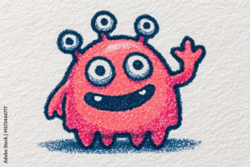 A vibrant red cartoon alien with three large eyes and a cheerful expression waves enthusiastically. The simple design and playful features create a friendly and inviting atmosphere.