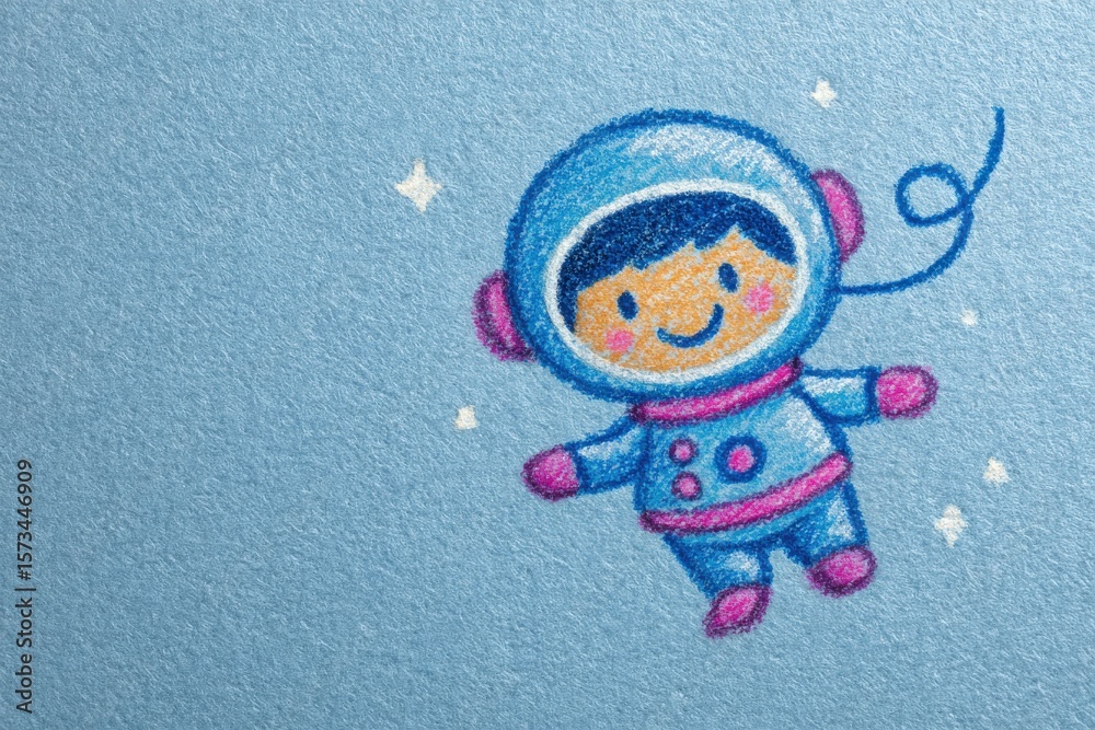 A playful astronaut character smiles joyfully while floating in a vibrant blue space. The character wears a colorful space suit with pink accents against the serene background.