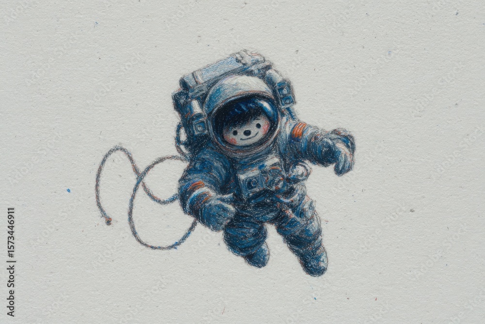 A whimsical astronaut floats in the vastness of space, wearing a detailed spacesuit. The characters face radiates joy, contrasting with the surrounding cosmic backdrop.