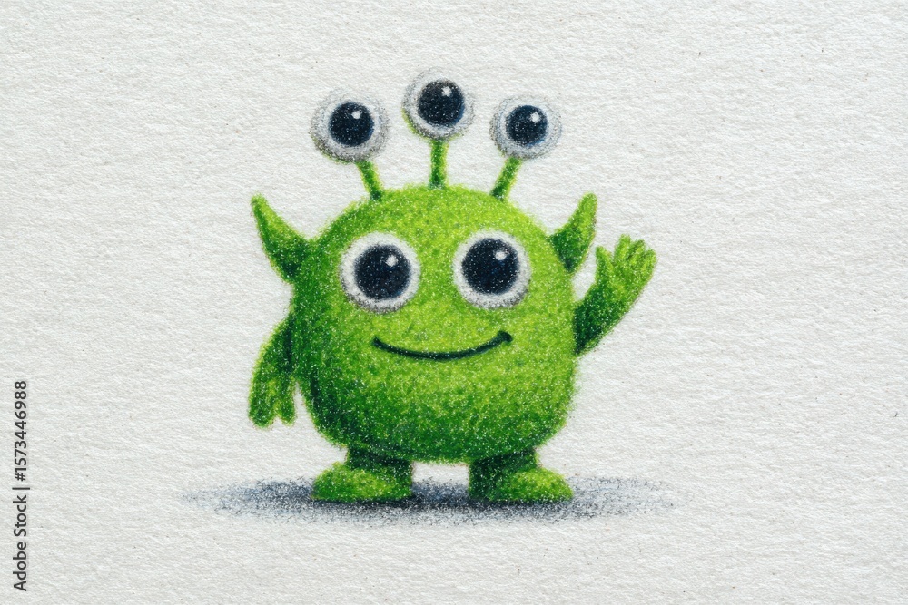A cheerful green alien character with a round body, three cartoonish eyes, and small ears stands with a friendly wave. The character has a bright smile, adding to its playful charm.
