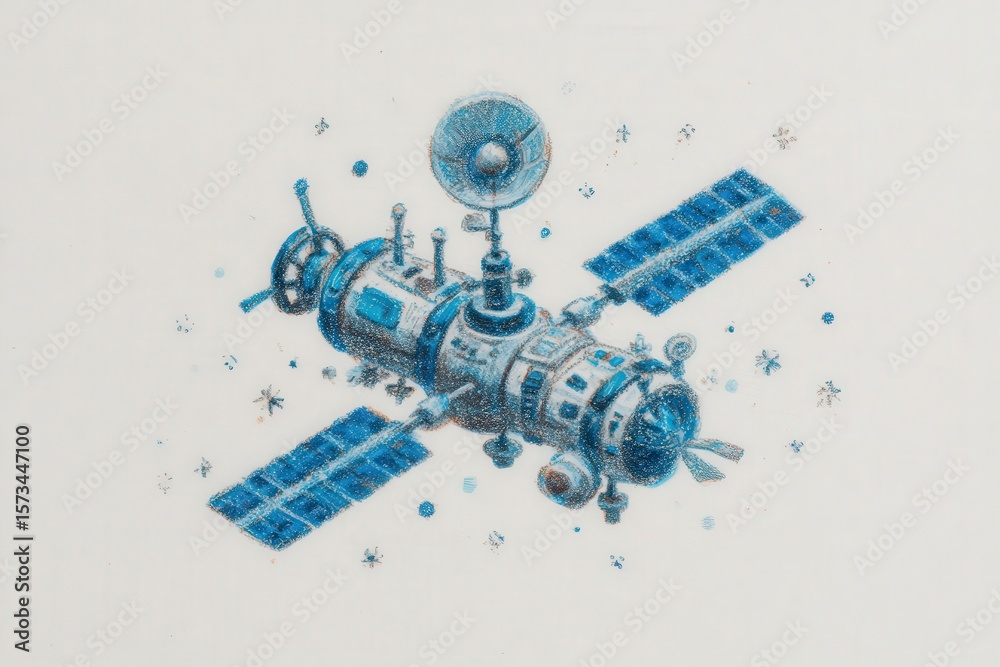 A colorful illustration depicts a futuristic space station equipped with solar panels and various antennas. Surrounding the station are numerous stars, creating a cosmic atmosphere.