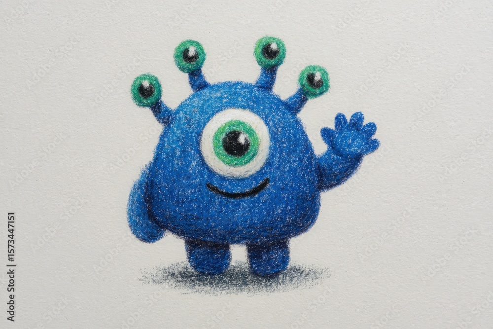 A cheerful blue monster character with one large eye and three smaller eyes waves happily. The playful creature has a round body and small limbs, conveying a whimsical and friendly vibe.