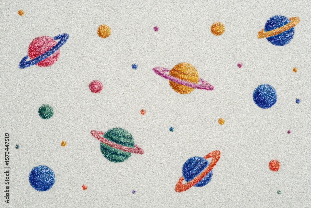 A creative arrangement of colorful planets and stars fills the background. Various sizes of planets showcase vibrant hues, set against a textured light backdrop, resembling outer space.