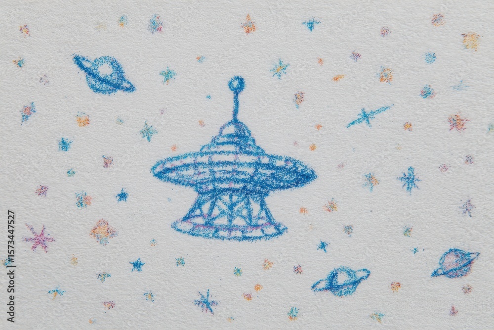 A detailed blue spaceship is illustrated in a playful style, surrounded by colorful stars and planets against a light background, showcasing a cheerful outer space theme.