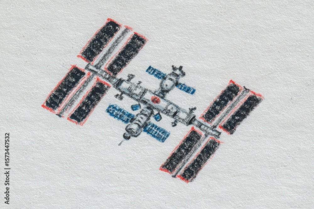 This artwork showcases the International Space Station with vibrant colors and intricate details. The drawing emphasizes its solar panels and modules, set against a textured white background.
