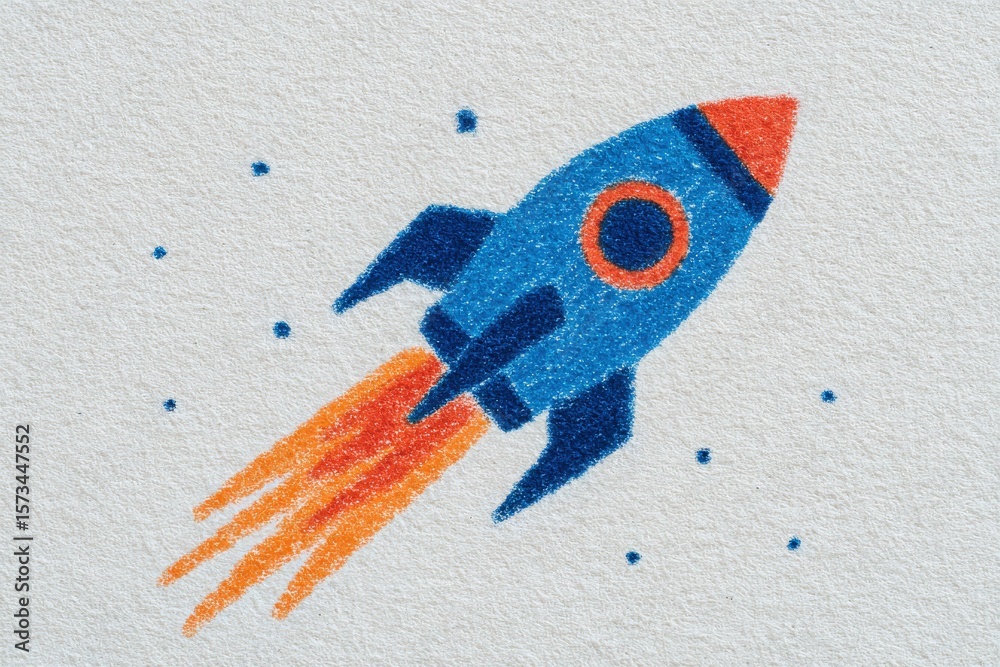 A vibrant blue rocket ascends into space, emitting orange flames. Small stars surround the rocket against a light backdrop, creating a whimsical and adventurous atmosphere.