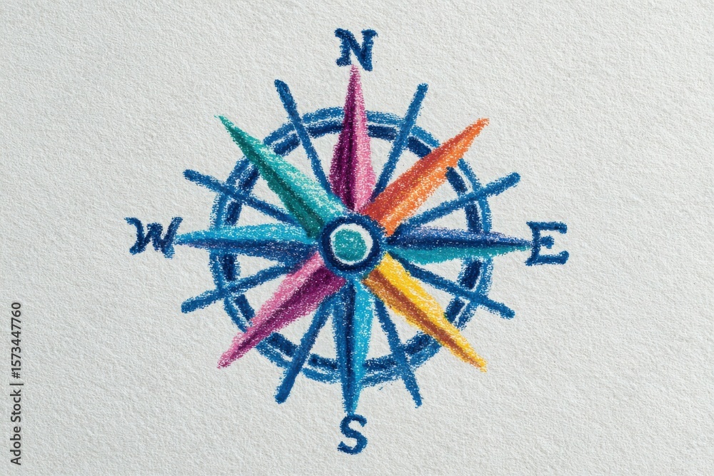 A vibrant compass design features cardinal directions with colorful arrows. The compass is centered on textured paper, showcasing shades of blue, pink, and orange, creating a striking visual impact.