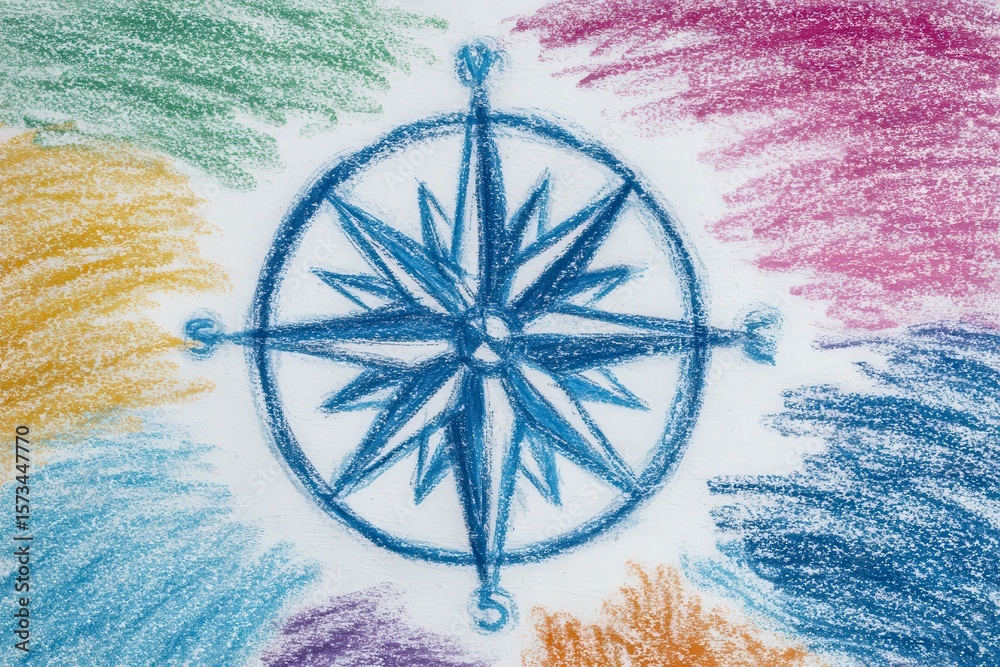 A colorful compass design is created with chalk on white paper, featuring a central star shape surrounded by different vibrant shades. This artwork showcases creativity and imagination.