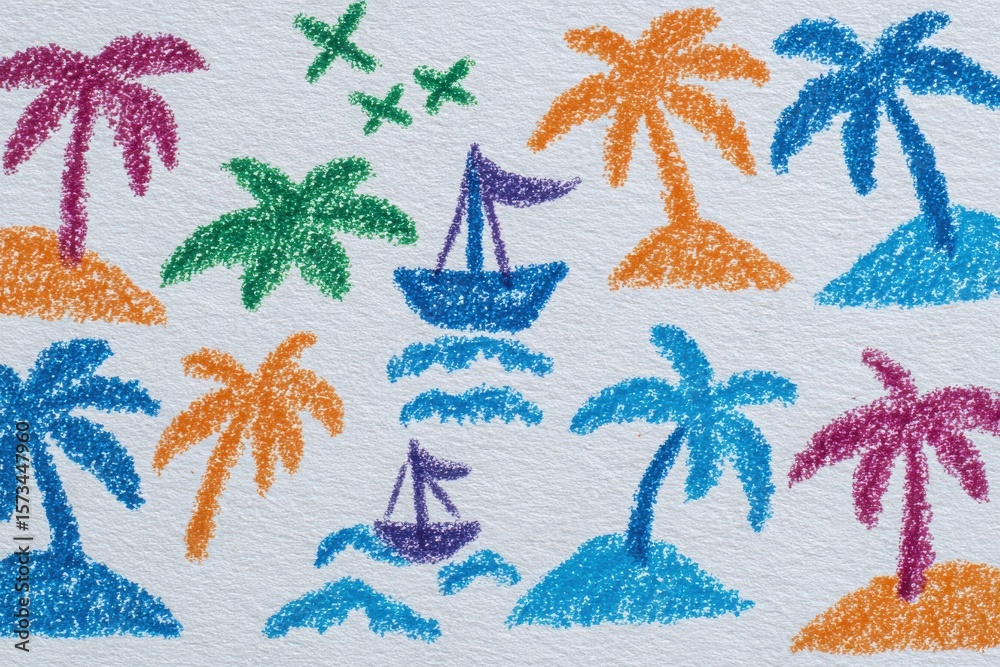 A vibrant illustration features colorful palm trees and sailboats scattered across a textured background. Various shades of crayons bring a playful, summery atmosphere, evoking beach memories.