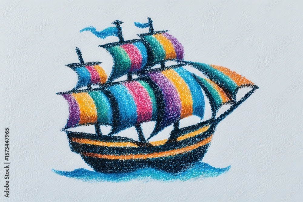 A detailed drawing of a ship with multiple vibrant sails and flags sailing through blue waves. The artwork captures the essence of adventure and maritime beauty with its lively colors.