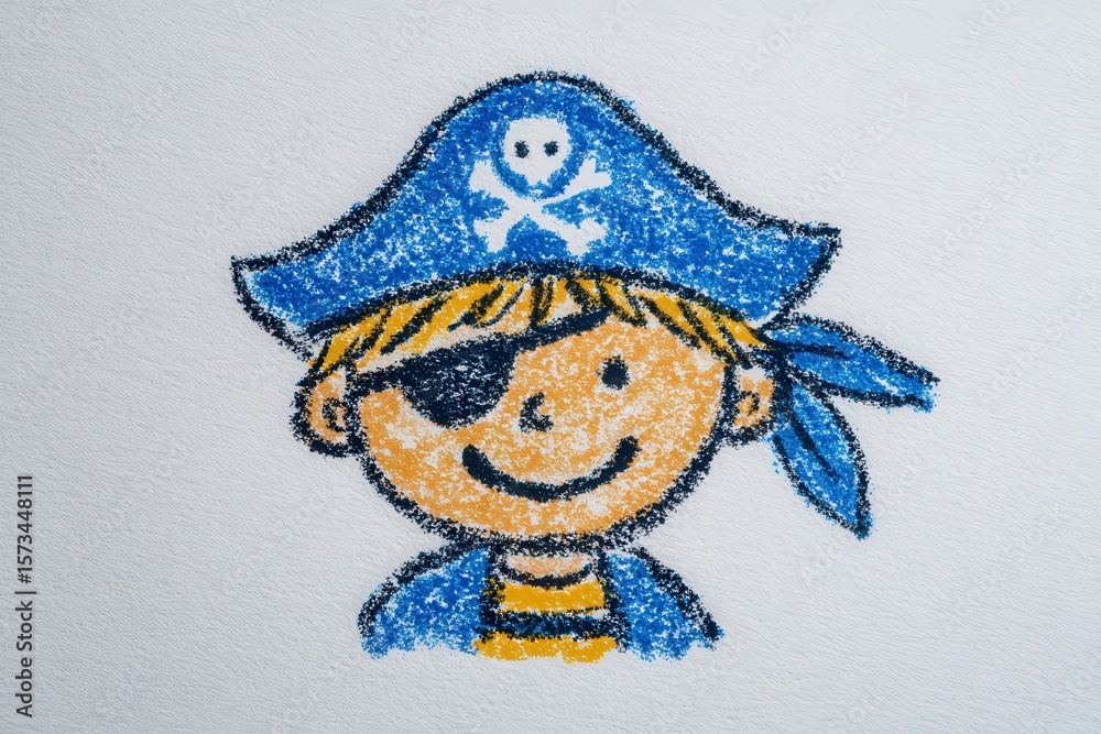 A colorful drawing features a happy pirate boy with a blue hat adorned with a skull and crossbones. He has a yellow face, an eye patch, and a blue bandana, radiating a playful vibe.