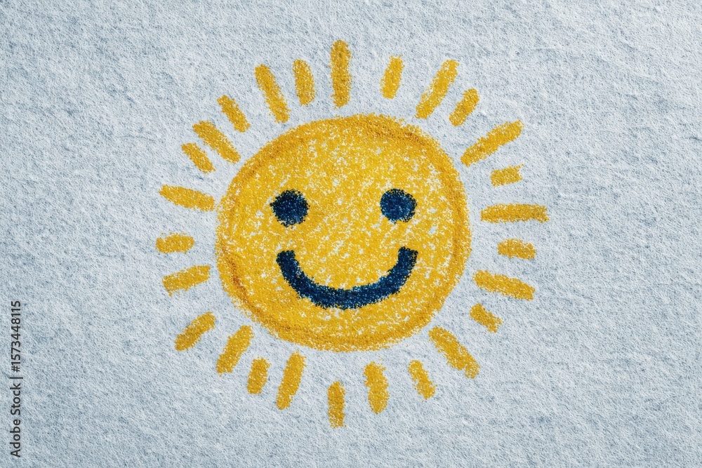 A cheerful sun is created using vibrant yellow chalk against a light gray textured paper. The sun features a smiling face with a simple expression, radiating joy and positivity.