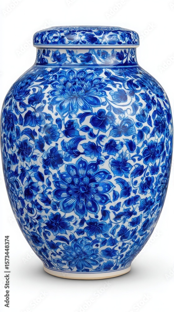 This striking ceramic jar features detailed blue and white floral patterns, emphasizing artistic craftsmanship.