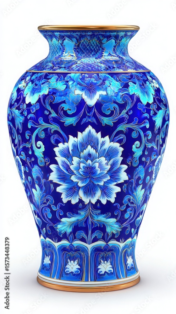 This ceramic vase features a stunning blue background adorned with intricate floral patterns in various shades of blue. Gold accents highlight the elegant curves of the design.
