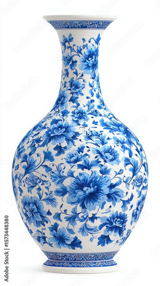 A beautifully shaped vase featuring vivid blue floral patterns on a white background. The detailed craftsmanship highlights its artistic value, making it a stunning centerpiece.