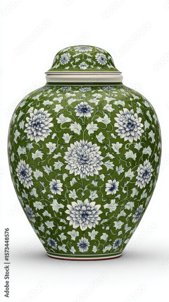 A large, ornamental urn features an intricate floral design in blue and white on a vibrant green background.