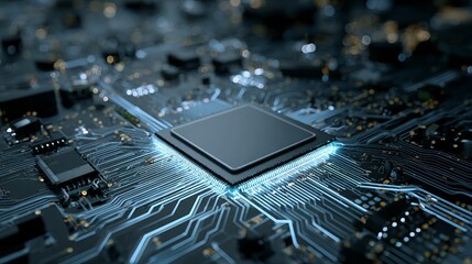 Fototapete - Intricate motherboard design showcasing a central processor unit emitting bright blue light, reflecting high technology future.