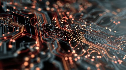 Fototapete - Abstract rendering shows a futuristic circuit board with glowing nodes symbolizing data flow and technology advancements.