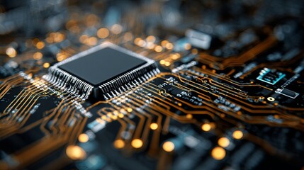 Fototapete - Close-up view of a computer circuit board showcasing intricate design and technological advancement with bokeh.