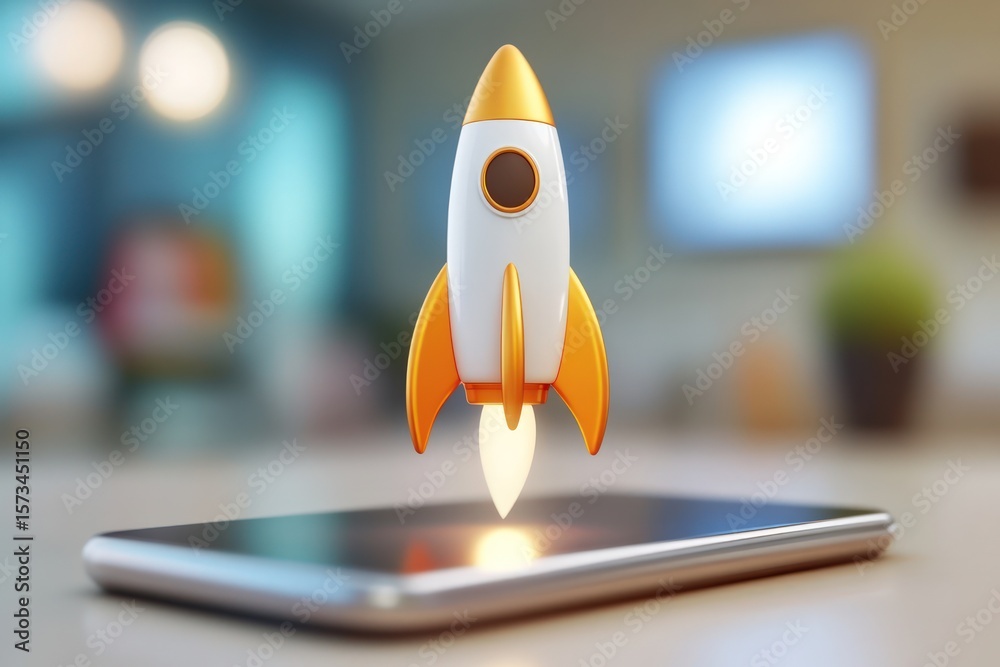Rocket is launching from smartphone, symbolizing app launch, startup ...