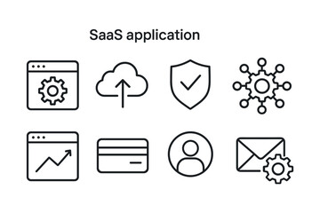 Saas application icons depicting cloud, shield, graph, card, and user interface elements. Vector illustration in modern thin line style – stock vector