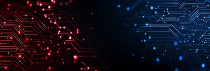 Leinwandbilder - Blue circuit board background vector banner with space for text, digital technology concept design, dark blue and light red colors Generative AI