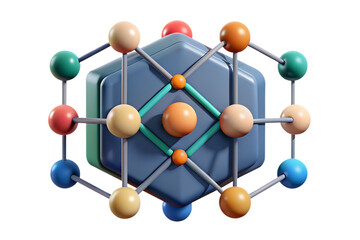 Fototapete - A stylized molecular structure with spheres connected to a central geometric shape in various colors on transparent background