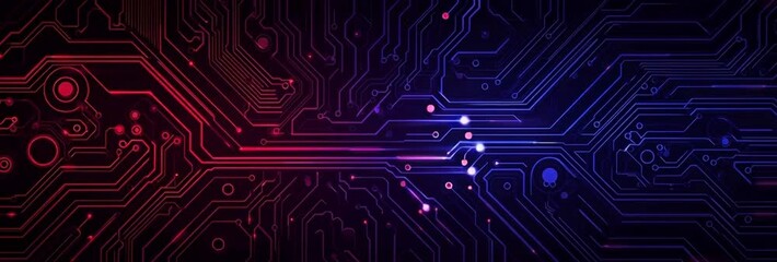 Leinwandbilder - Abstract vector circuit board background with blue and red light effect on a dark purple background, a technology banner design for a website layout template Generative AI
