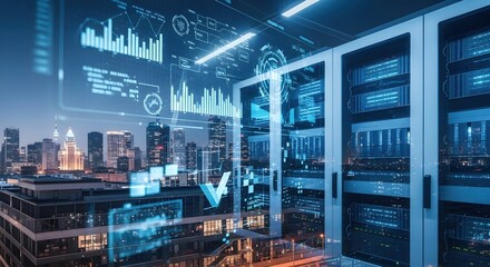 Poster - Data center servers with cityscape view. Financial graph and dashboard interface over blur city. Global business and technology internet connection.