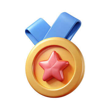 Shiny gold medal with red star and blue ribbon isolated on transparent background