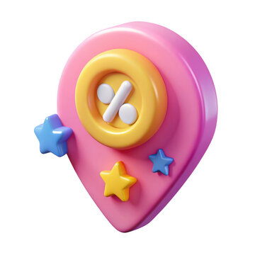 3d pink location pin with percentage symbol and stars isolated on transparent background