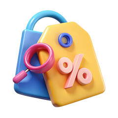 Poster - 3d rendered shopping bag tag with magnifying glass and percentage sign isolated on transparent background
