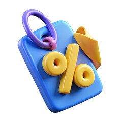 Poster - Stylized 3d rendering of a percentage sign on a blue tag with purple and yellow accents isolated on transparent background