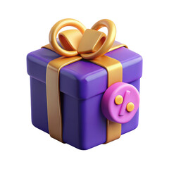 Poster - Stylized purple gift box with gold ribbon and percentage symbol isolated on transparent background