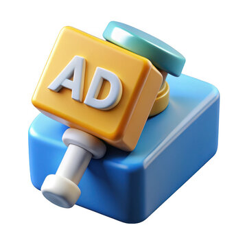 Stylized 3d render of an advertising button with ad text isolated on transparent background
