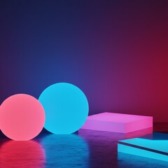 Poster - Neon Sphere and Prism: Illuminated spheres and prisms cast a vibrant glow in a sleek, futuristic composition, symbolizing creativity and technological innovation. 
