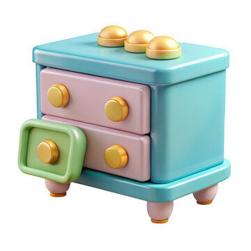 Charming 3d rendered toy dresser with pink drawers and gold knobs isolated on transparent background
