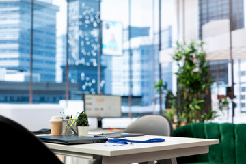 Poster - Empty financial department with statistic graphs on computer screen and paperwork files filled with marketing charts. Financial figures on PC device display in bright modern office