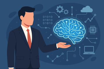 businessman with digital brain, artificial intelligence (ai). future business, machine learning, cod