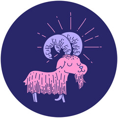Wall Mural - icon of a tattoo style happy goat in bright neon color