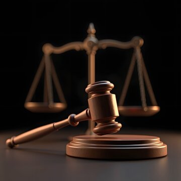 3d rendered courtroom wooden gavel and weight scale in black background