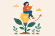 © Janien - Growth mindset and lifelong learning concept. Woman reading a book on a growing lightbulb plant. Knowledge, education, and skills for personal development and success.