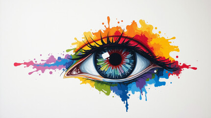 Poster - Colorful eye with rainbow paint splashes and vibrant iris on a white background artistic illustration created with generated ai