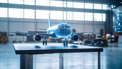 Aircraft design model, wireframe style, on table. Tech screen behind