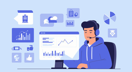 Poster - Man With Headset Analyzes Business Data On Computer Screen Display