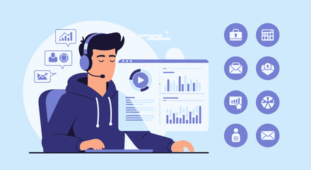 Poster - Operator Analyzing Data On Screen With Customer Service Related Icons