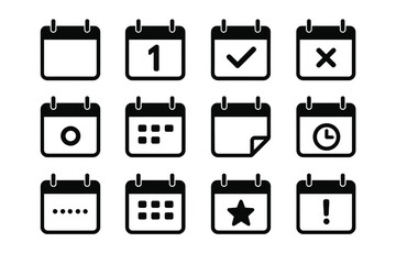 Aufkleber - Calendar icon set. Date and schedule symbols collection. Appointment, event, reminder, deadline, plan pictogram. Simple flat vector illustration. Checkmark, cross, star, alert.